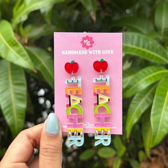 Teacher Earrings — Colorful Apple Dangle Statement Jewelry for Teachers - Picture 3 of 4
